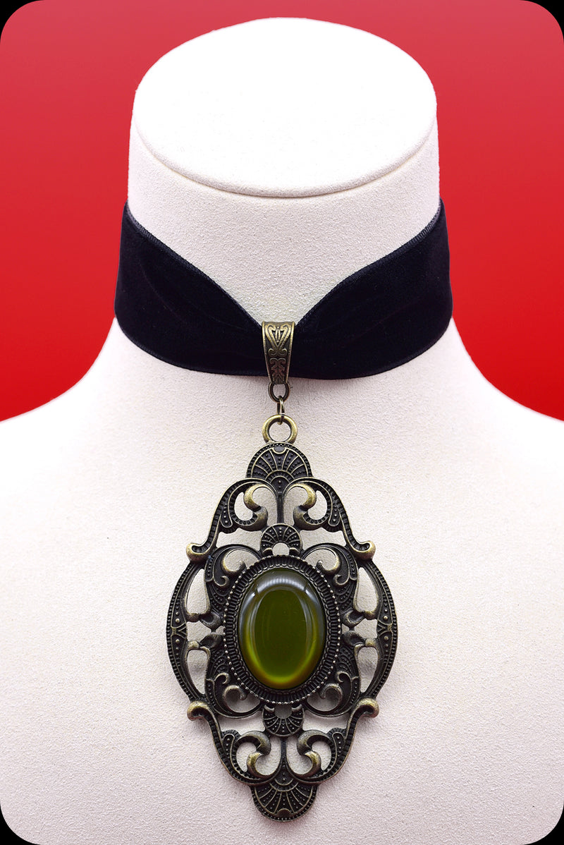 A black velvet antique brass green cabochon choker necklace by Scorpio Rising