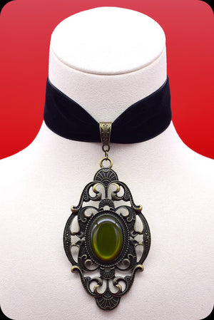 A black velvet antique brass green cabochon choker necklace by Scorpio Rising