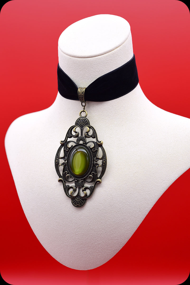 A black velvet antique brass green cabochon choker necklace by Scorpio Rising