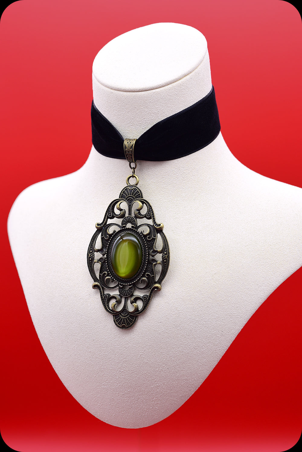 A black velvet antique brass green cabochon choker necklace by Scorpio Rising