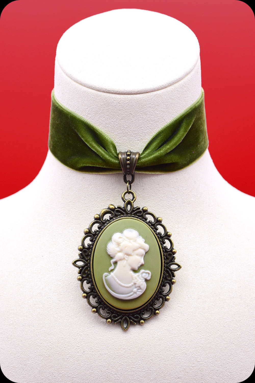 A moss green velvet antique brass cameo choker necklace by Scorpio Rising