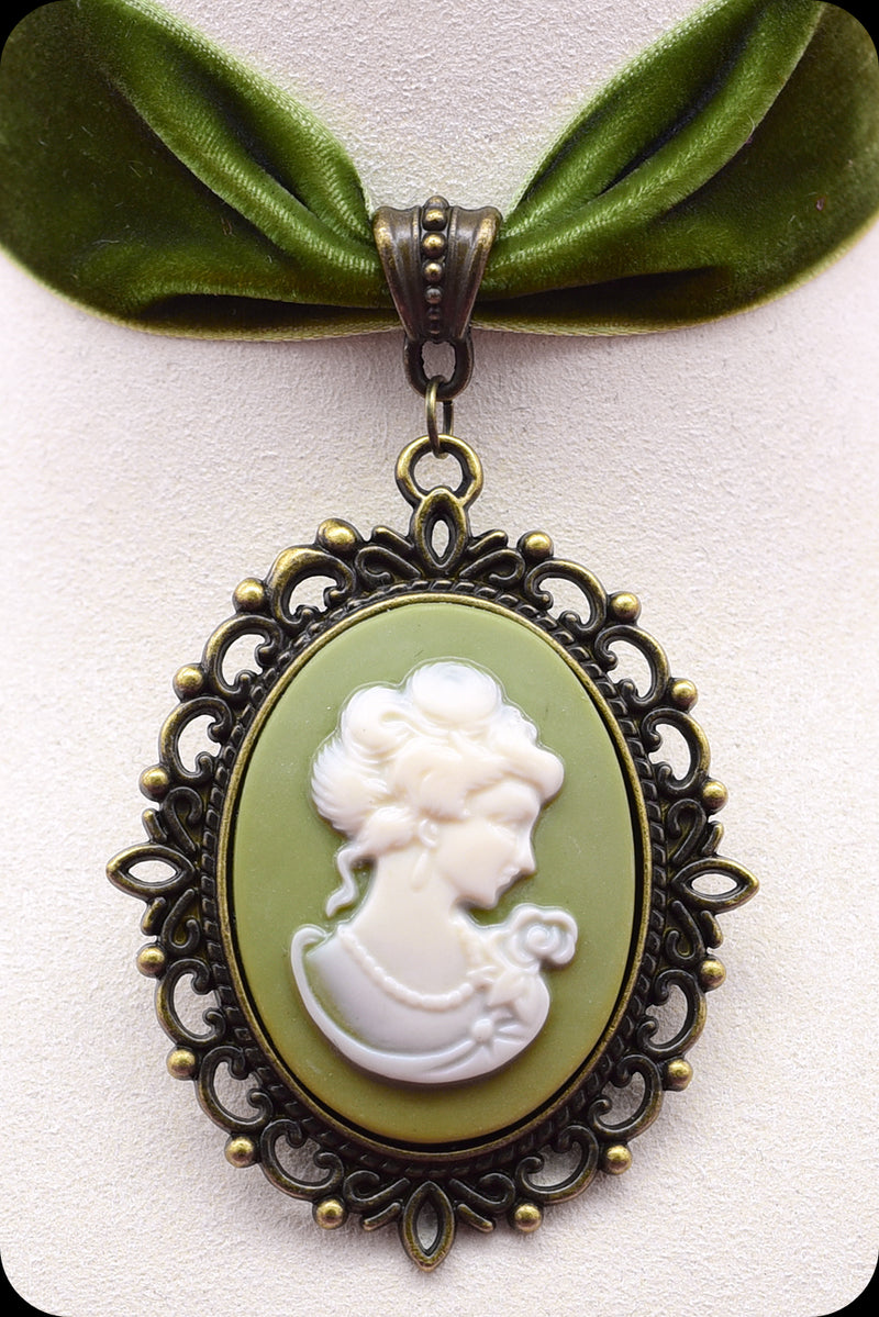 A moss green velvet antique brass cameo choker necklace by Scorpio Rising
