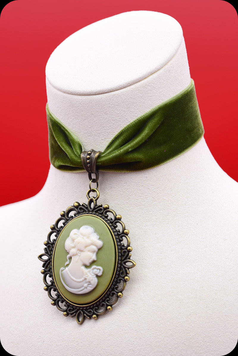 A moss green velvet antique brass cameo choker necklace by Scorpio Rising