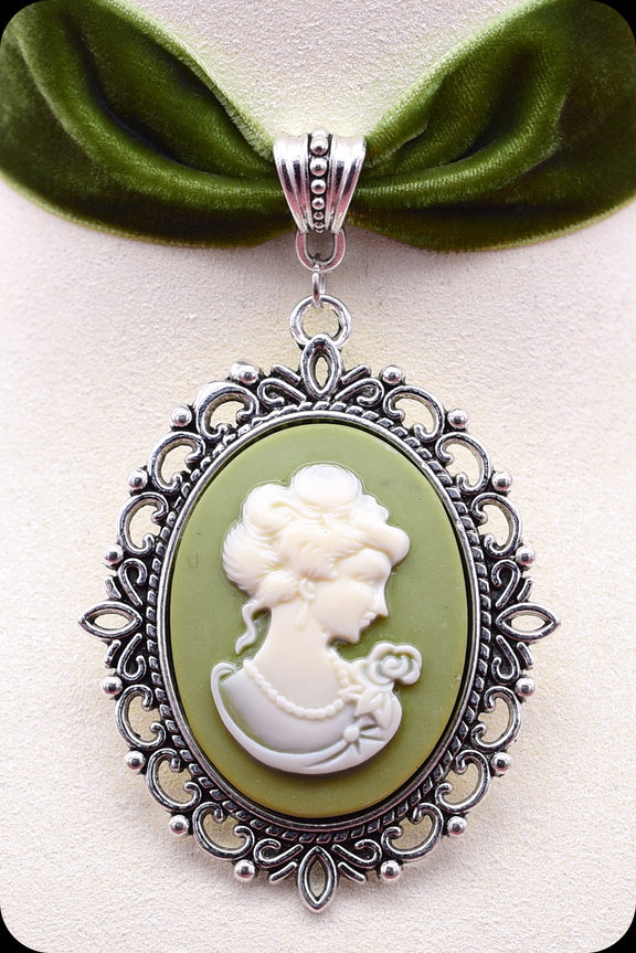 A moss green velvet antique silver cameo choker necklace by Scorpio Rising