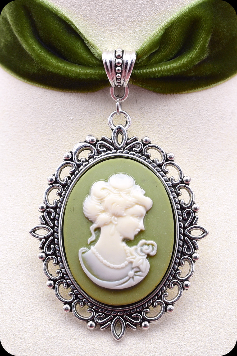 A moss green velvet antique silver cameo choker necklace by Scorpio Rising