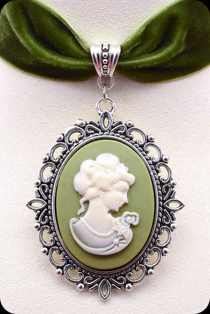 A moss green velvet antique silver cameo choker necklace by Scorpio Rising