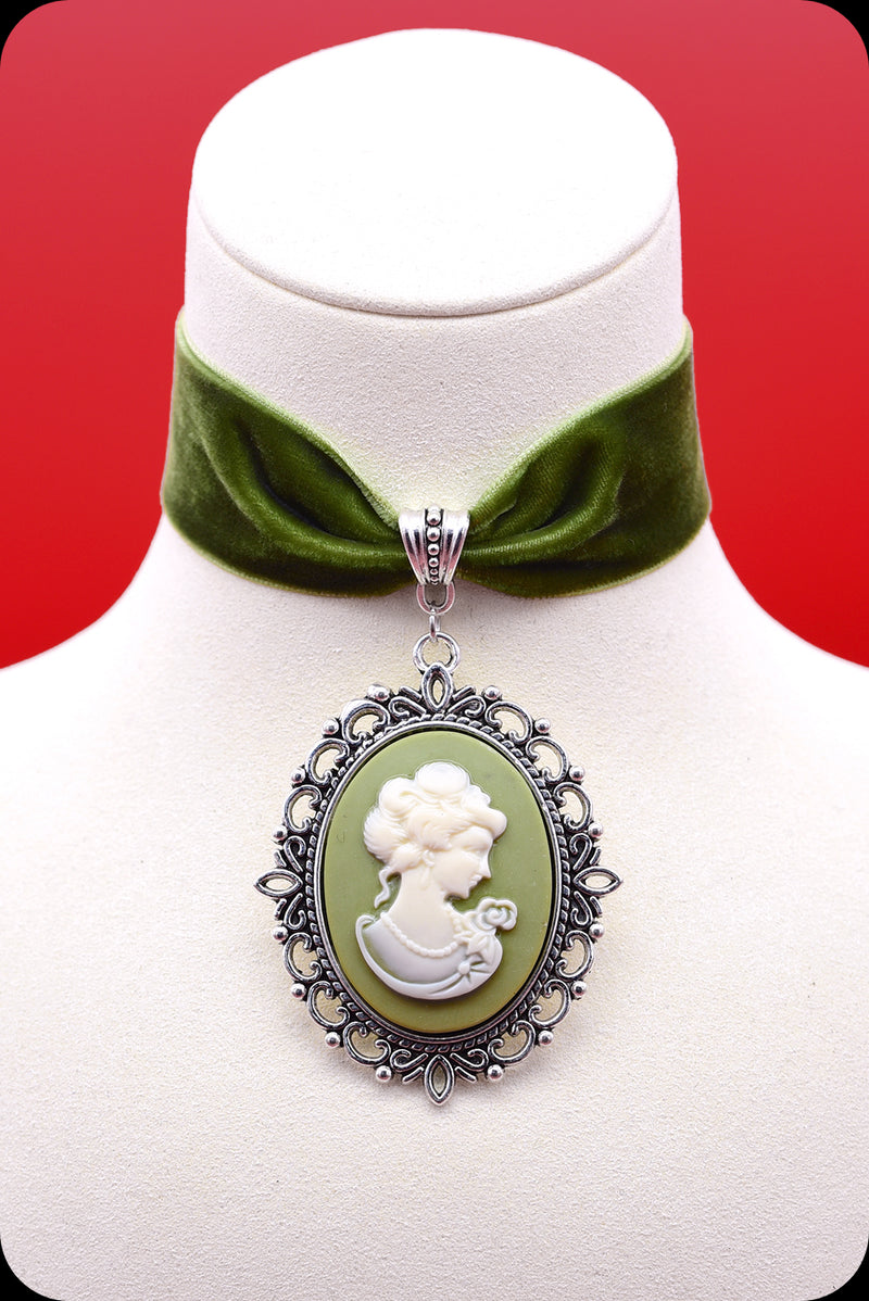 A moss green velvet antique silver cameo choker necklace by Scorpio Rising