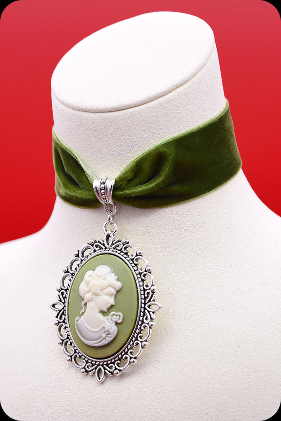 A moss green velvet antique silver cameo choker necklace by Scorpio Rising