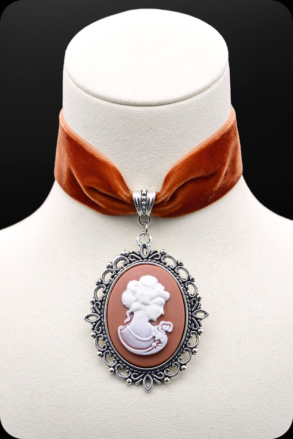 A burnt orange velvet antique silver cameo choker necklace by Scorpio Rising