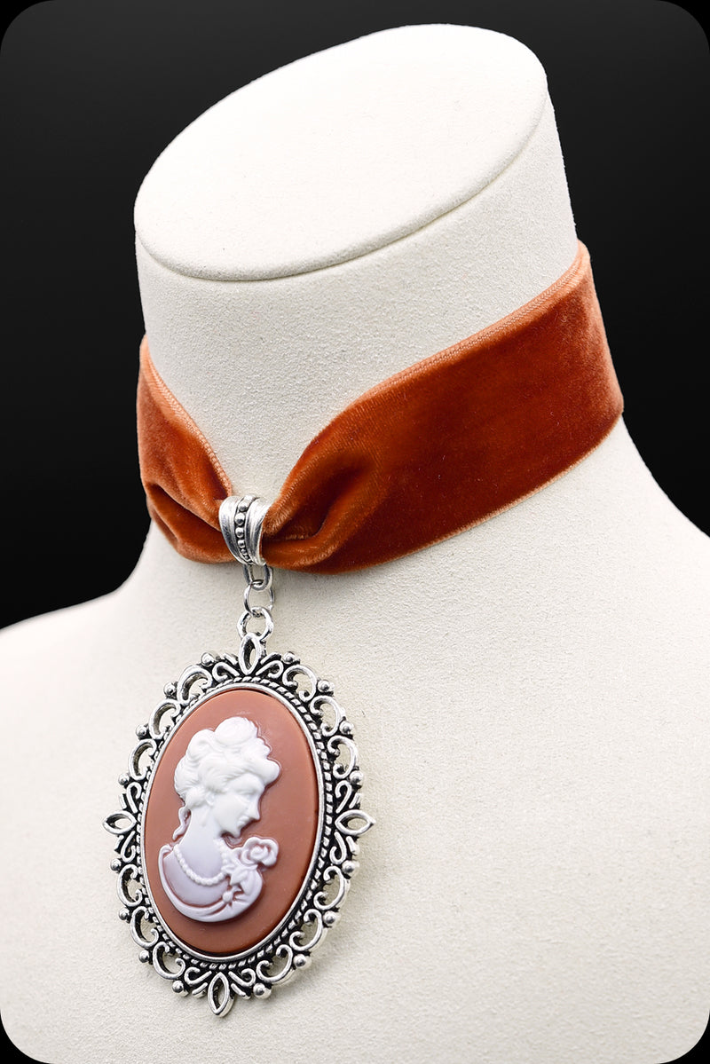 A burnt orange velvet antique silver cameo choker necklace by Scorpio Rising
