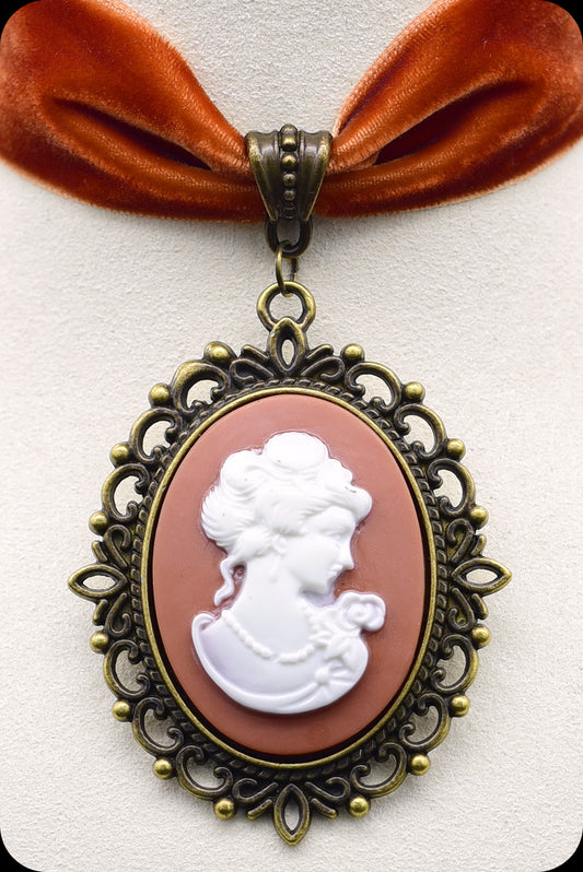 A burnt orange velvet antique brass cameo choker necklace by Scorpio Rising