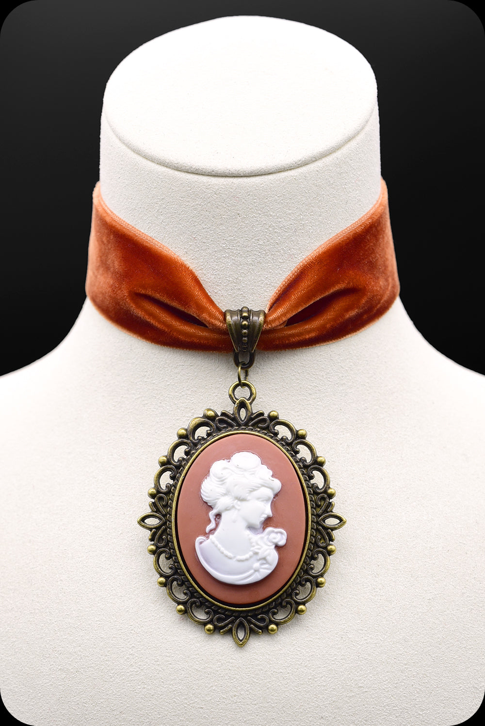 A burnt orange velvet antique brass cameo choker necklace by Scorpio Rising