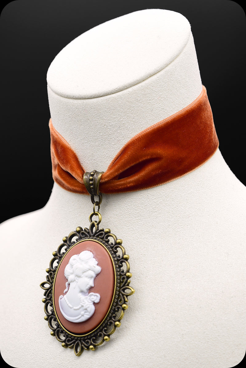 A burnt orange velvet antique brass cameo choker necklace by Scorpio Rising