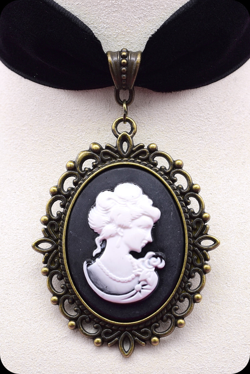 A black velvet antique brass cameo choker necklace by Scorpio Rising
