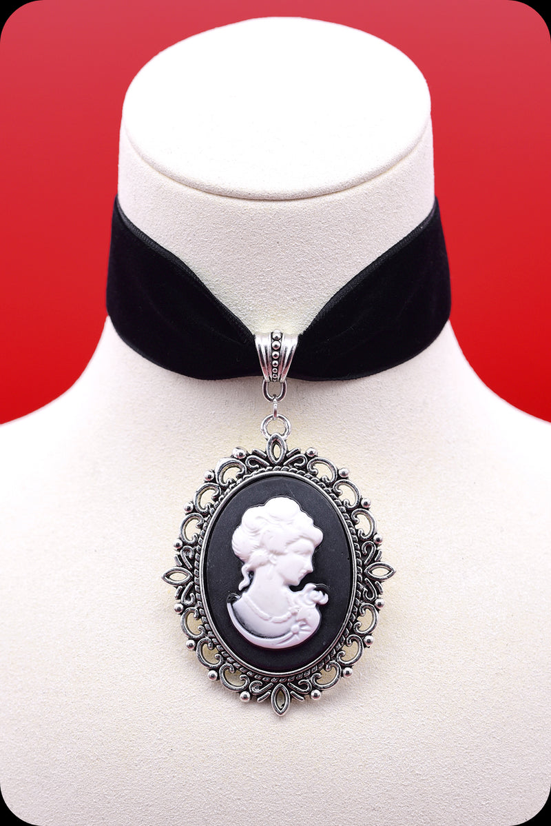 A black velvet antique silver cameo choker necklace by Scorpio Rising