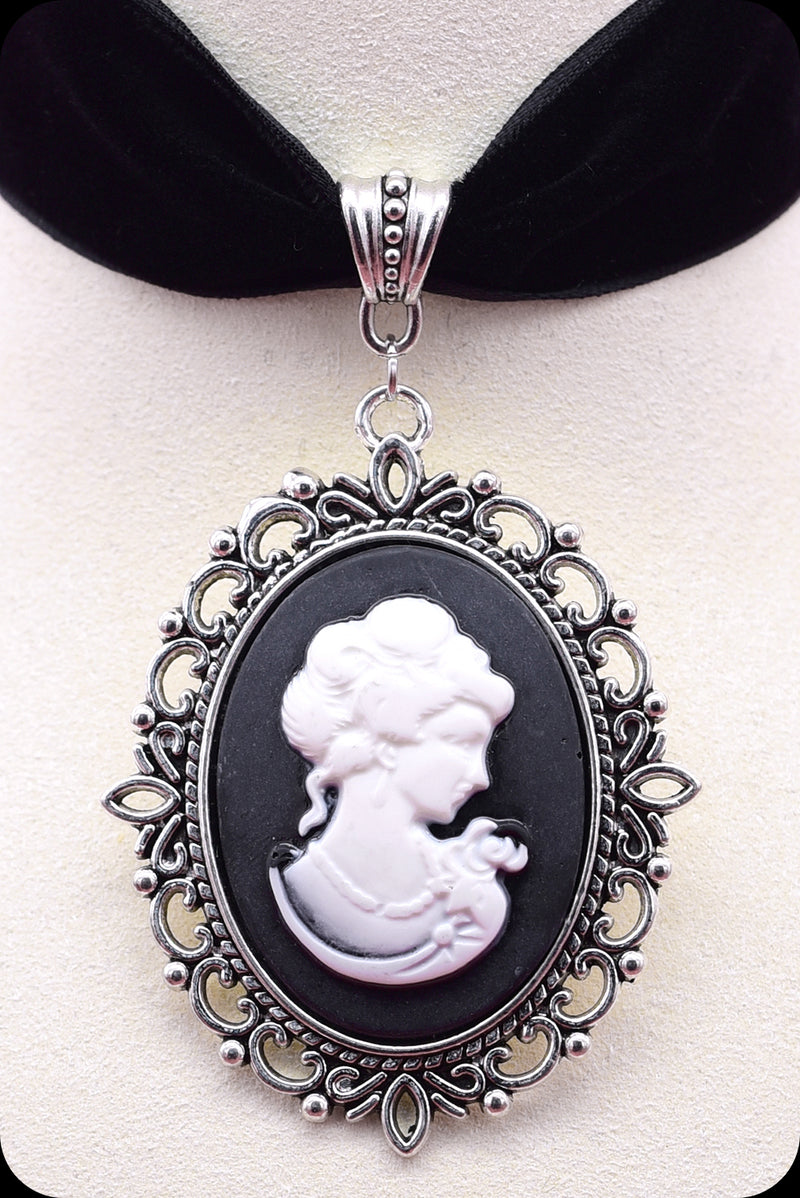 A black velvet antique silver cameo choker necklace by Scorpio Rising
