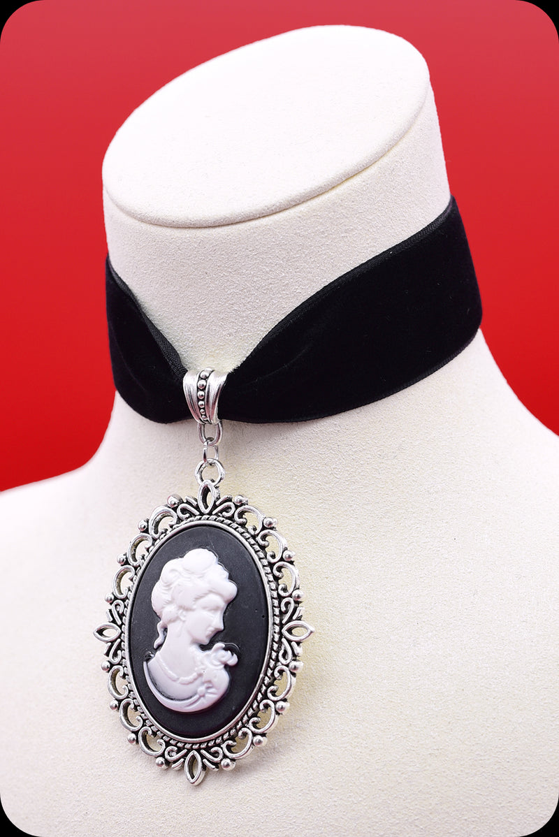 A black velvet antique silver cameo choker necklace by Scorpio Rising