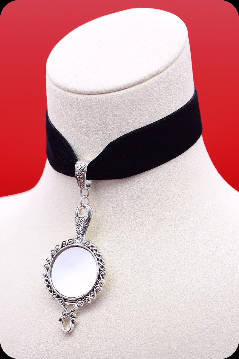 A black velvet antique silver looking glass choker necklace by Scorpio Rising