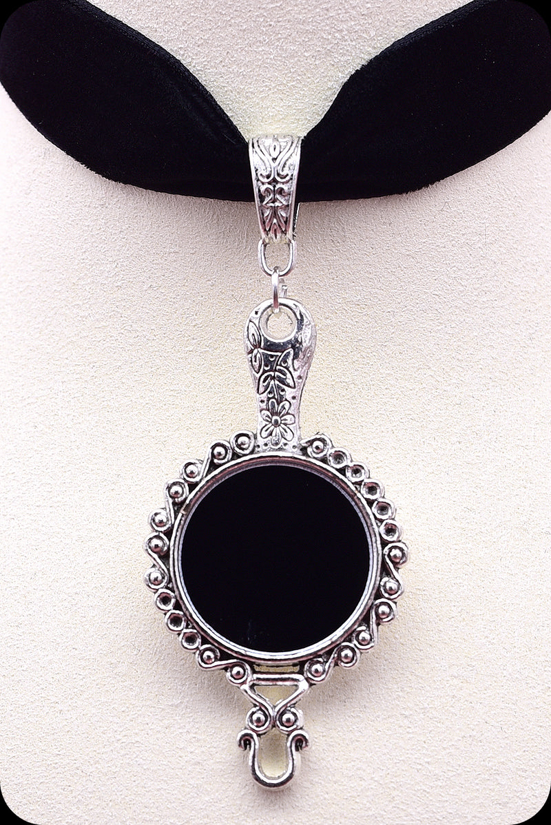 A black velvet antique silver looking glass choker necklace by Scorpio Rising