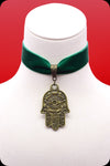 A green velvet antique brass hamsa choker necklace by Scorpio Rising