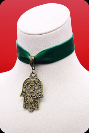A green velvet antique brass hamsa choker necklace by Scorpio Rising