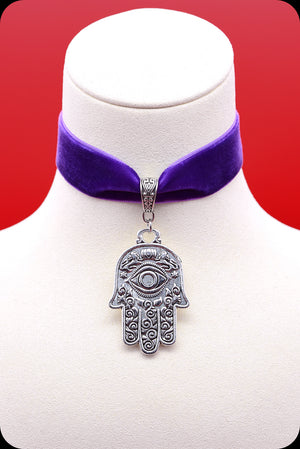 A purple velvet antique silver hamsa choker necklace by Scorpio Rising