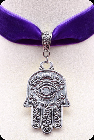 A purple velvet antique silver hamsa choker necklace by Scorpio Rising
