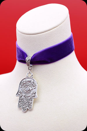 A purple velvet antique silver hamsa choker necklace by Scorpio Rising