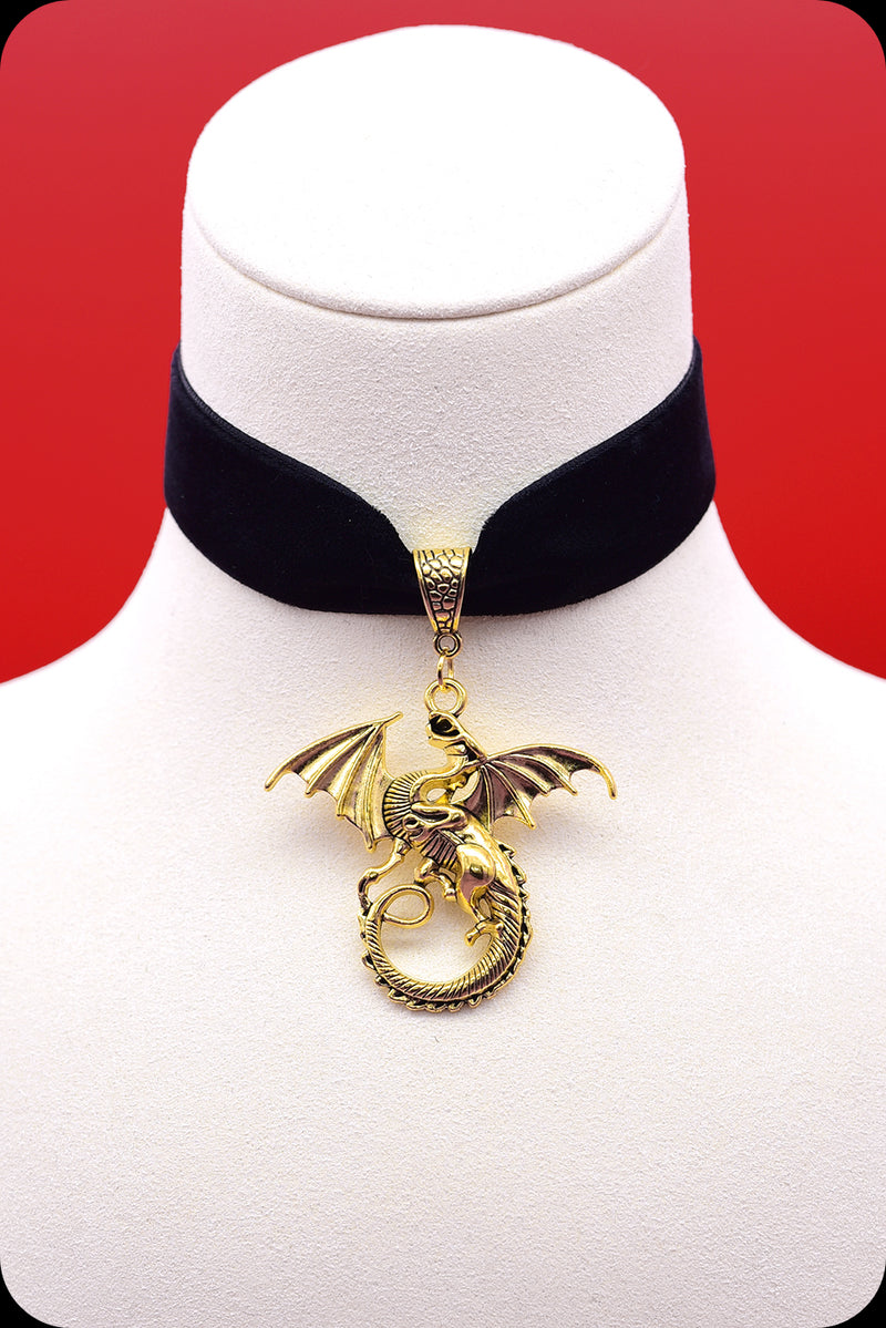 A black velvet antique gold dragon choker necklace by Scorpio Rising
