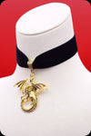 A black velvet antique gold dragon choker necklace by Scorpio Rising
