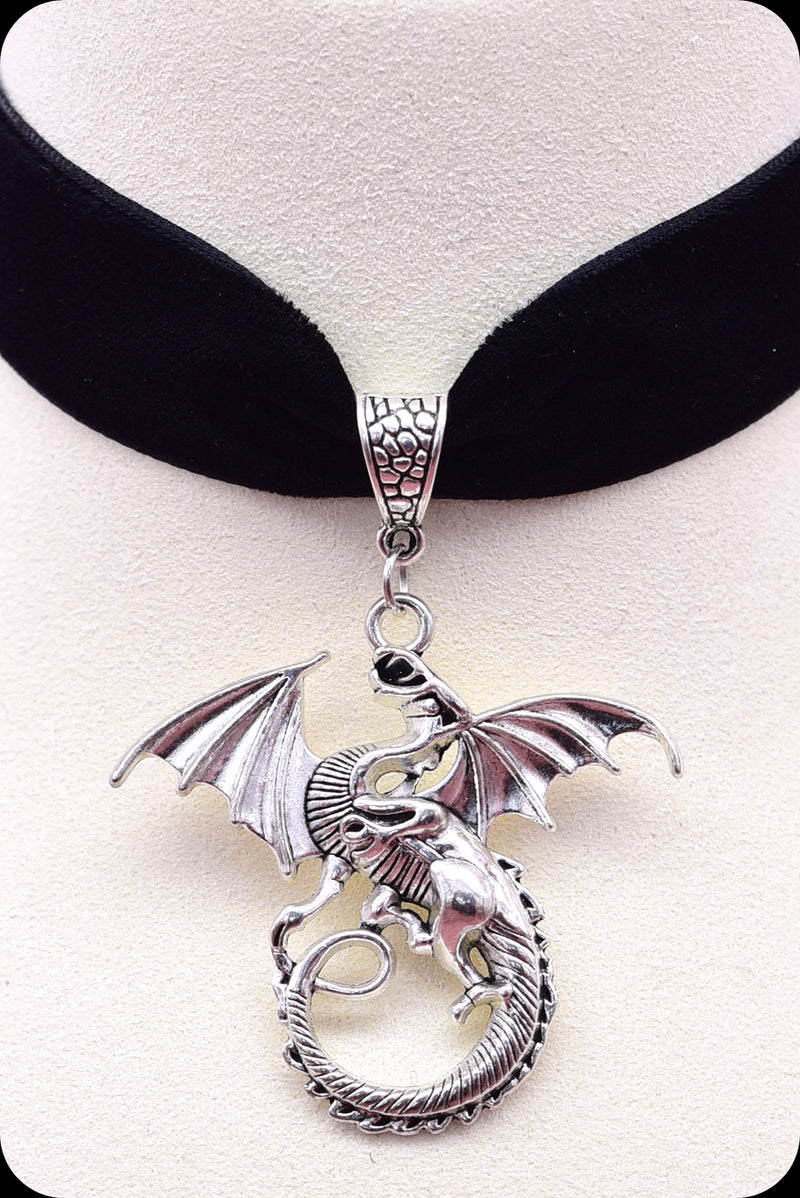 A black velvet antique silver dragon choker necklace by Scorpio Rising