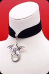 A black velvet antique silver dragon choker necklace by Scorpio Rising