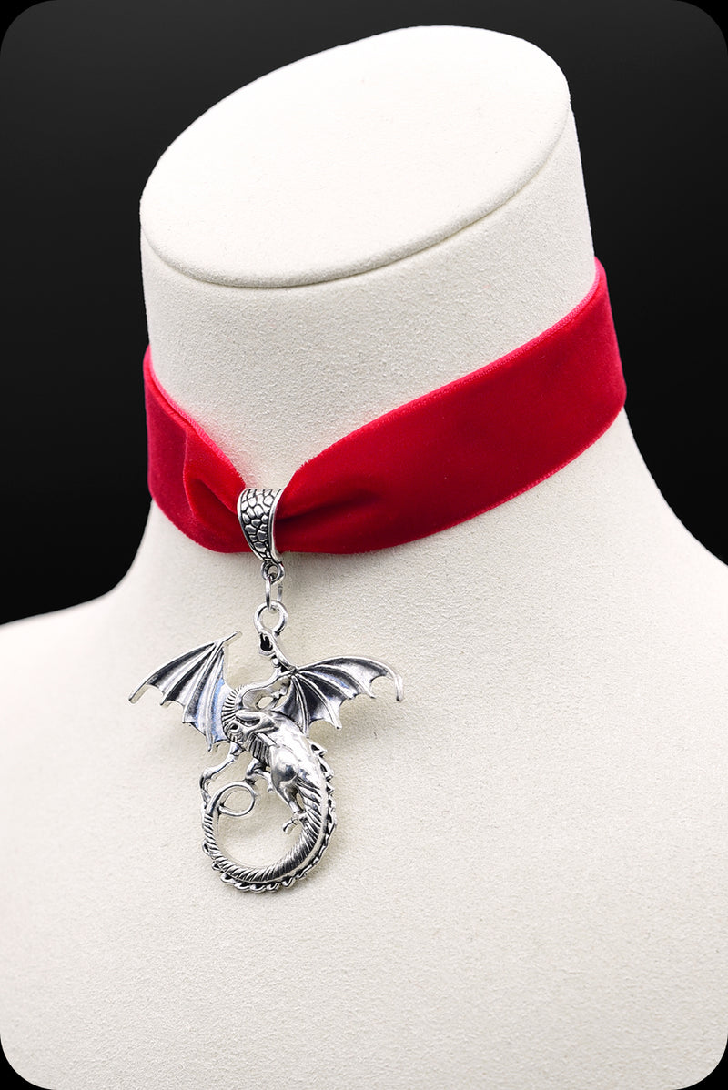 A red velvet antique silver dragon choker necklace by Scorpio Rising