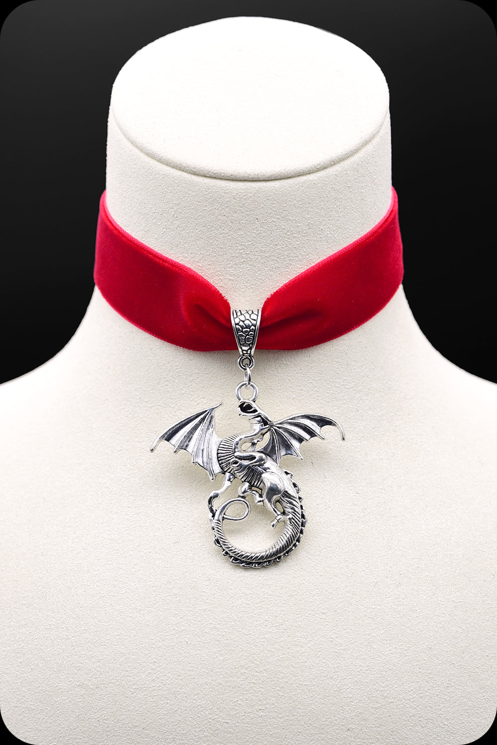 A red velvet antique silver dragon choker necklace by Scorpio Rising
