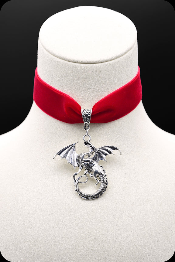 A red velvet antique silver dragon choker necklace by Scorpio Rising