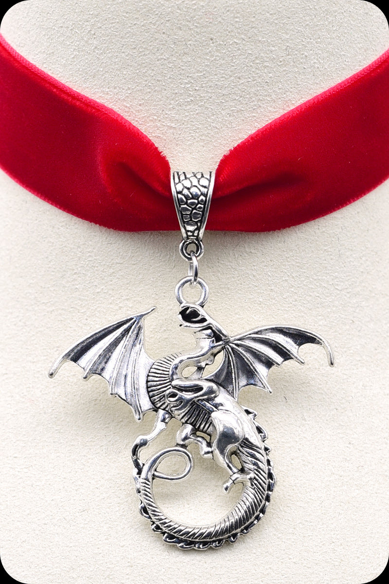 A red velvet antique silver dragon choker necklace by Scorpio Rising