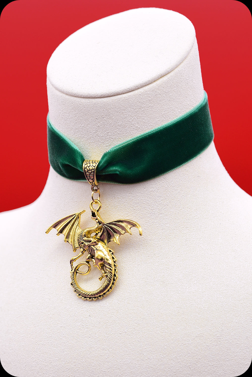 A green velvet antique gold dragon choker necklace by Scorpio Rising