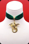 A green velvet antique gold dragon choker necklace by Scorpio Rising
