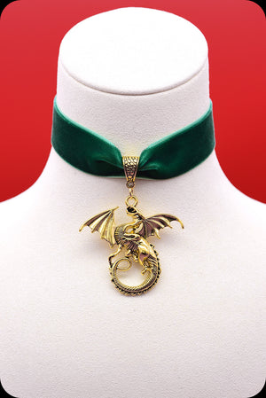 A green velvet antique gold dragon choker necklace by Scorpio Rising