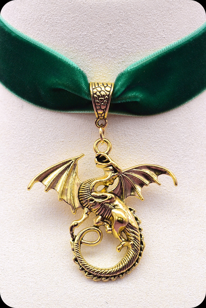 A green velvet antique gold dragon choker necklace by Scorpio Rising