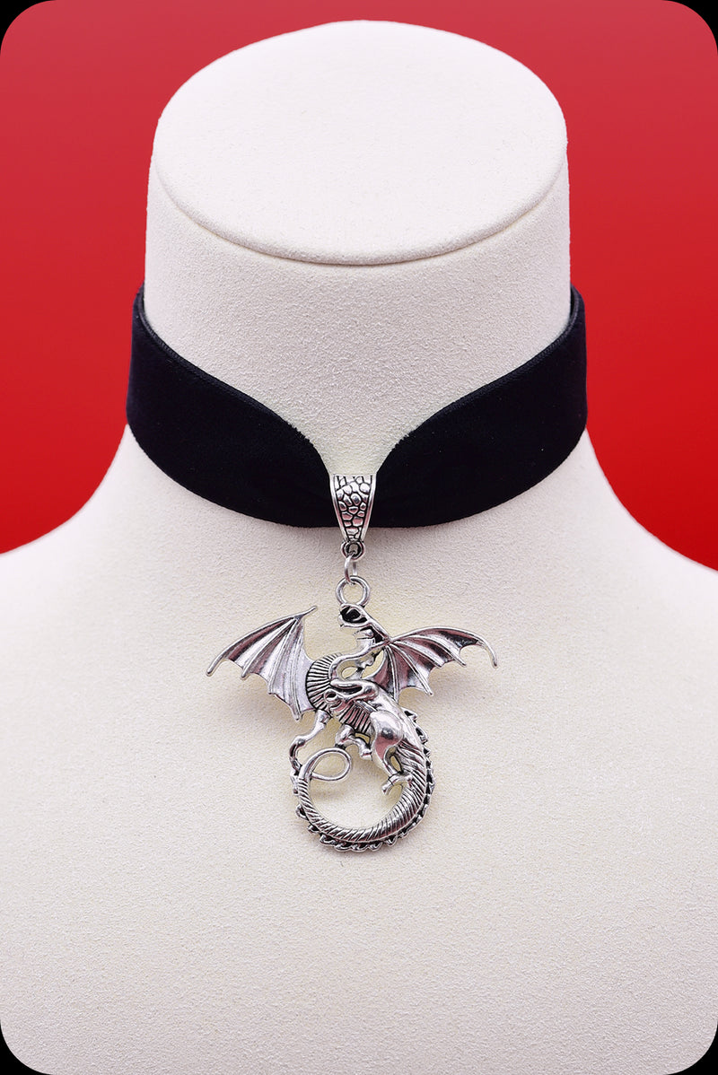 A black velvet antique silver dragon choker necklace by Scorpio Rising