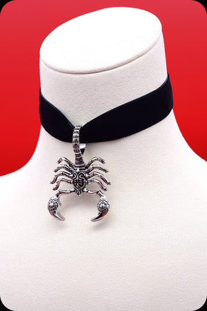 A black velvet antique silver scorpion choker necklace by Scorpio Rising