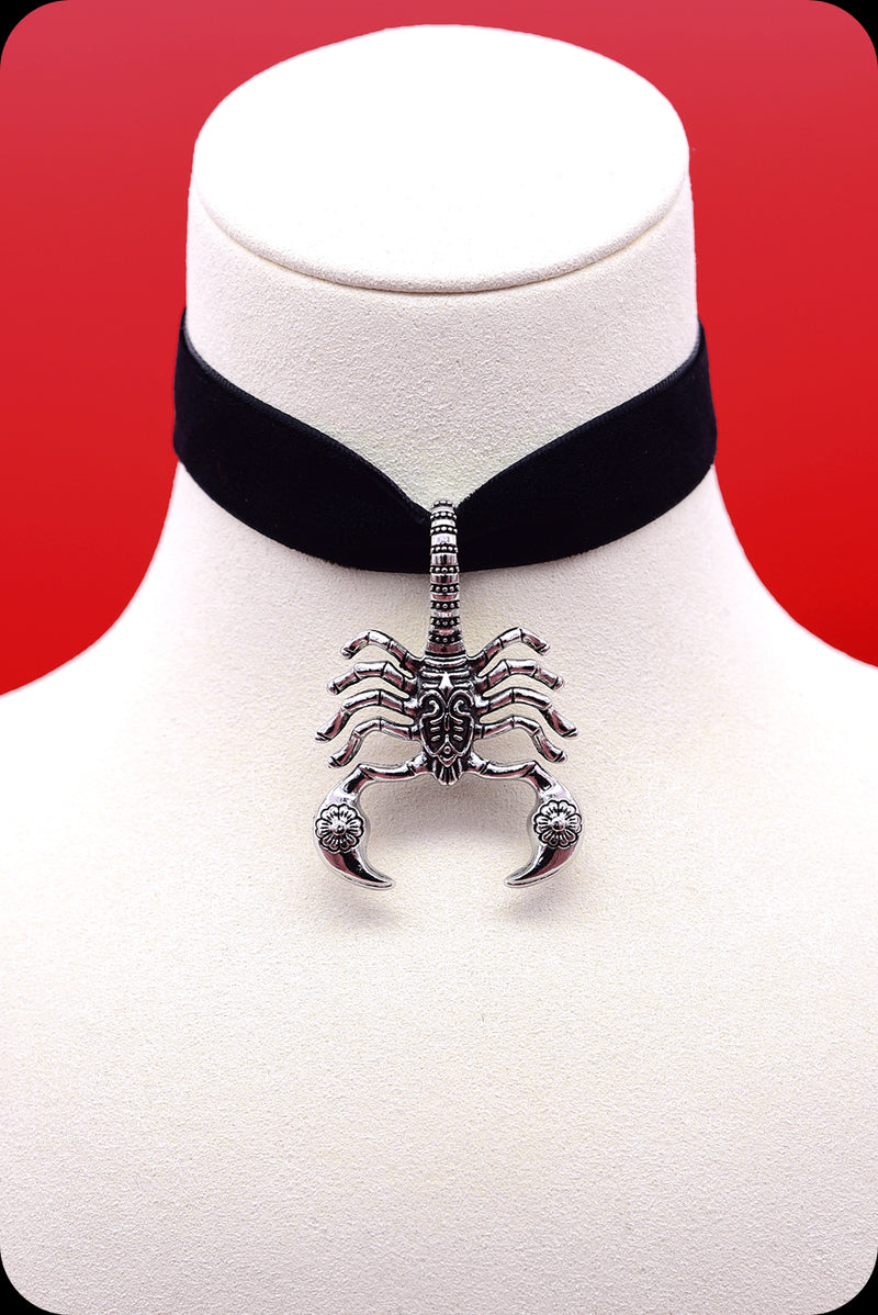 A black velvet antique silver scorpion choker necklace by Scorpio Rising