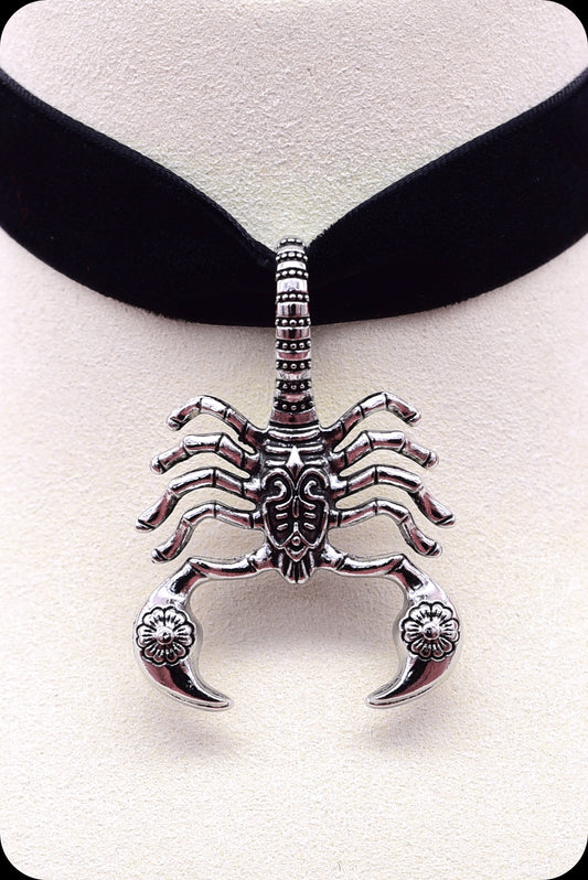 A black velvet antique silver scorpion choker necklace by Scorpio Rising
