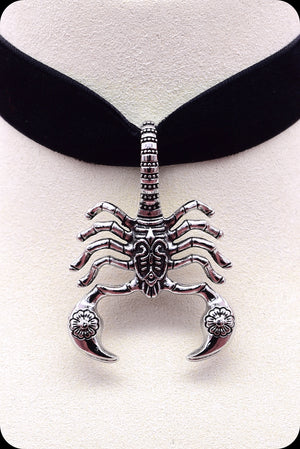 A black velvet antique silver scorpion choker necklace by Scorpio Rising
