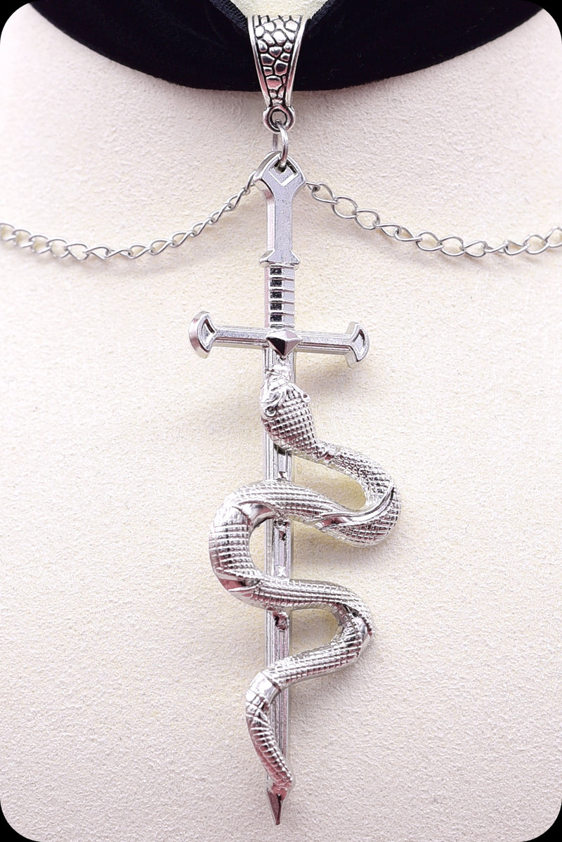 A black velvet silver chain serpent choker necklace by Scorpio Rising