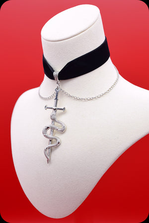A black velvet silver chain serpent choker necklace by Scorpio Rising