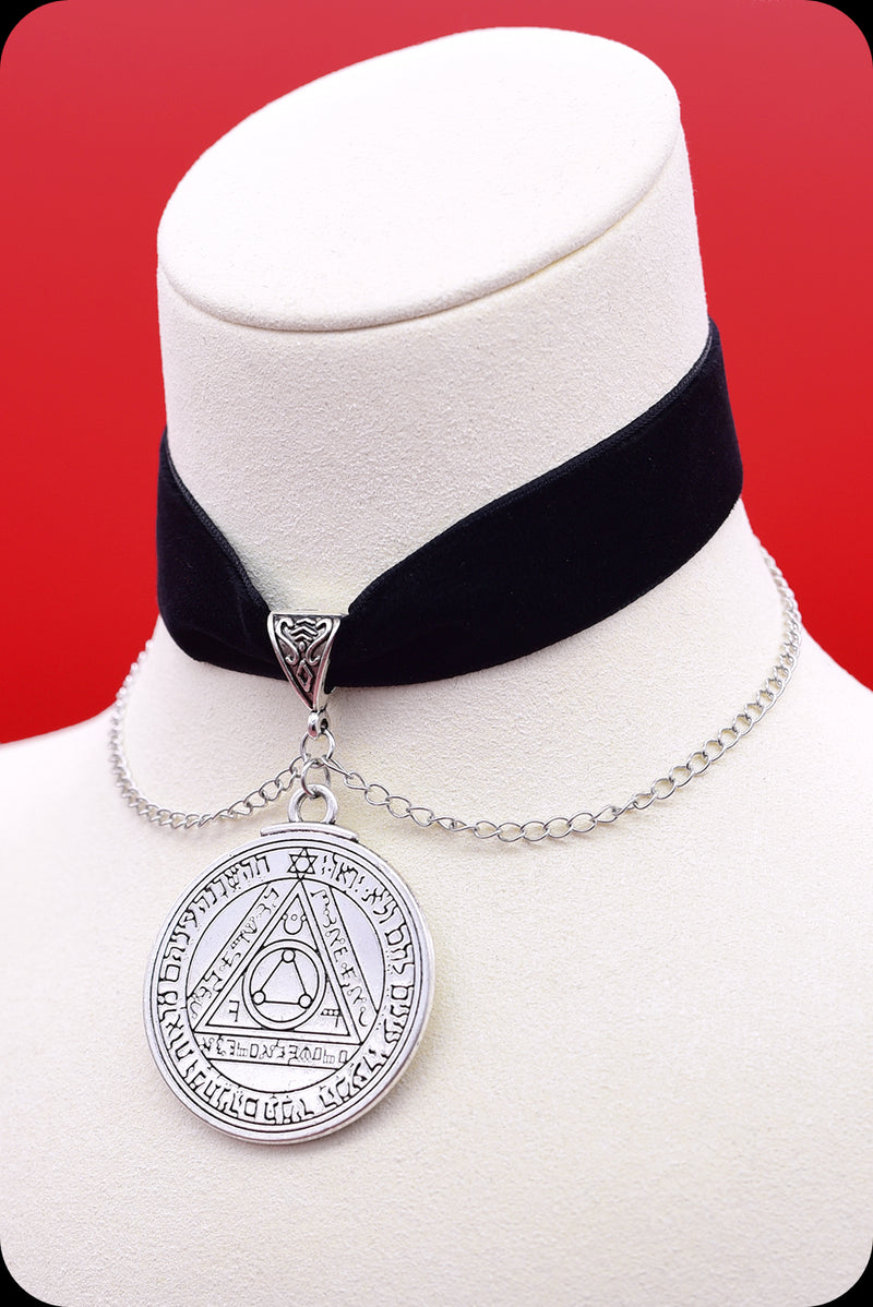 A black velvet silver chain sun pentacle choker necklace by Scorpio Rising