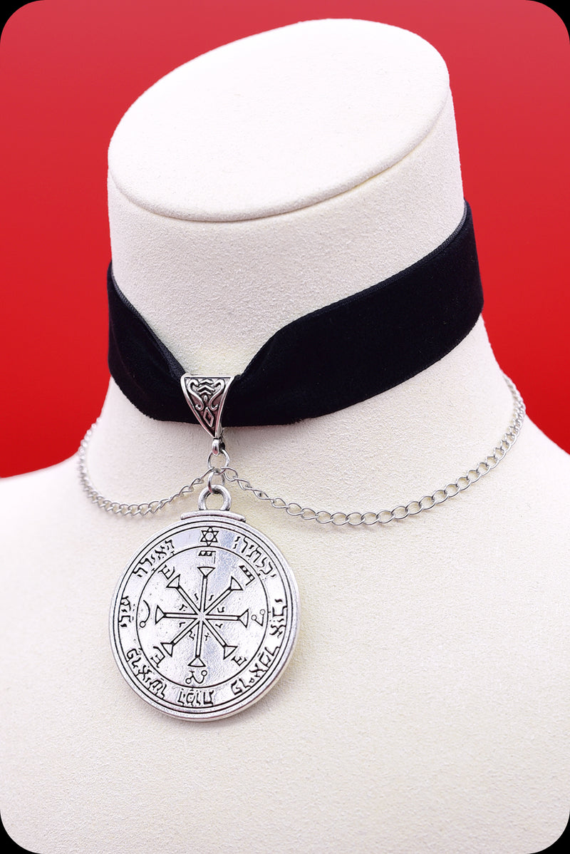 A black velvet silver chain sun pentacle choker necklace by Scorpio Rising