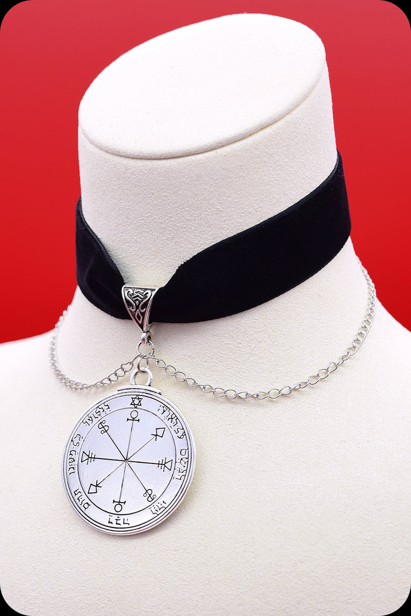 A black velvet silver chain moon pentacle choker necklace by Scorpio Rising